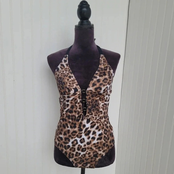 Guess USA Women's 1 Pc Brown Black Gold Leopard Swim Bathing Suit 377132 Sz M - Picture 1 of 13